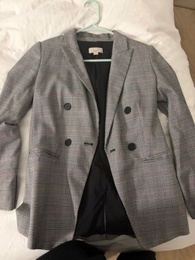 LOFT Gray Glen Plaid Double-Breasted Blazer with Pink Overcheck